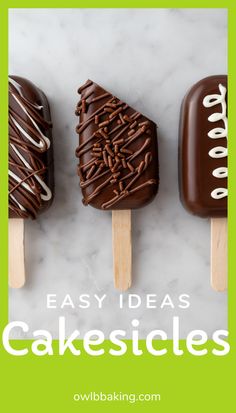 chocolate cakesicles on a marble slab Cake Pop Popsicles, Cake Sicles, Simple Decorating Ideas, Cake Popsicles, Homemade Recipe Books, Simple Decorating, Birthday Baking, Cake Mixture, Food Options