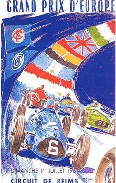 an advertisement for the grand prix de europe, with two racing cars going through a tunnel