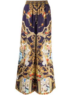 multicolour silk all-over graphic print palazzo design elasticated drawstring waistband slip pockets to the sides long length Silk Palazzo Pants, Front Twist Dress, Palazzo Design, Floral Silk Shirt, Poplin Shirt Dress, Frill Mini Dress, Silk Mini Skirt, Long Sleeve Swimsuit, Versace Outfit