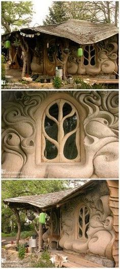 two pictures of a house made out of clay and stone with windows, trees and bushes in the background