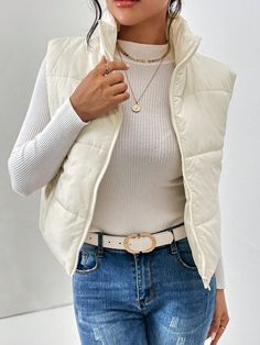 Zip Up Puffer Vest Coat Apricot Casual  Sleeveless Woven Fabric Plain vest Non-Stretch  Women Clothing, size features are:Bust: ,Length: ,Sleeve Length: Cropped Gilet Outfit, Long Puffer Vest Outfit, Gilet Outfit, Winter Mode Outfits, Outerwear Women Winter