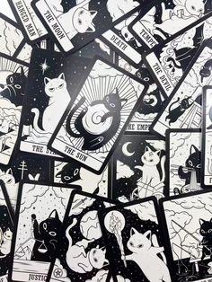 black and white stickers with cats in the sky, stars and moon on them