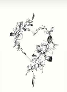 a black and white drawing of flowers in the shape of a heart