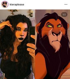 a woman taking a selfie next to an image of the lion king