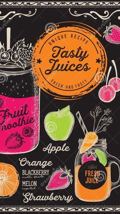 an orange, apple and strawberry smoothie drink on a blackboard with chalk lettering