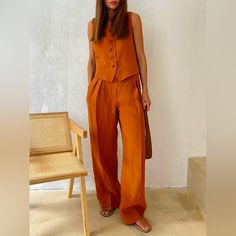 This Adorable Orange Set Features A Vest And High Waisted Breathable Trousers. New With Tags. Size: Xs Linen And Cotton Approximate Measurements: Vest Armpit To Armpit: 16” Length: 18.5” Pants Waist: 12.5” Length: 42” Inseam: 29” Linen Suits Women, Linen Pants Suit, Suit Type, Low Rise Pants, Sleeveless Suit, Cropped Vest, Summer Chic, Looks Chic, Sleeveless Vest