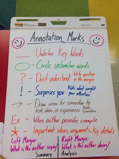 a white board with writing on it that says annotation marks and other key words