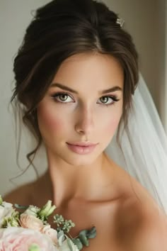 a woman in a wedding dress holding a bouquet of flowers and looking at the camera