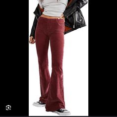 Free People, Low Rise Flared Pants Mid-rise Burgundy Fall Pants, Mid-rise Burgundy Pants For Fall, Burgundy Mid-rise Pants For Fall, Casual Burgundy Bottoms For Fall, Casual Burgundy Pants For Fall, Fitted Burgundy Pants For Fall, Burgundy Stretch Bottoms, Casual Burgundy Bottoms With Pockets, Fitted Burgundy Bottoms With Pockets