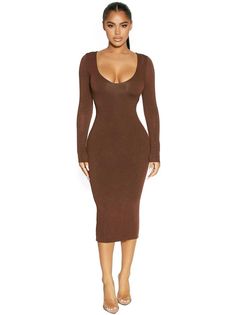 CHOCOLATE|2 Classic Midi Dress, Deep V Dress, V Dress, Naked Wardrobe, V Neck Midi Dress, Women's Shapewear, Womens Midi Dresses, V Neck Dress, Dress Codes