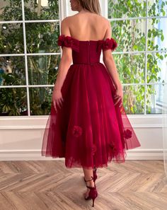 Flower Cocktail Dress, Teuta Matoshi, Burgundy Floral Dress, Cocktail Dresses For Women, Tea Length Tulle, Maxi Dress Designs, A Line Cocktail Dress, Classic Black Dress, Wedding Flower Girl Dresses