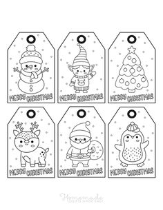 four christmas tags with cartoon characters on them