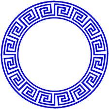 a blue and white circle with greek ornames