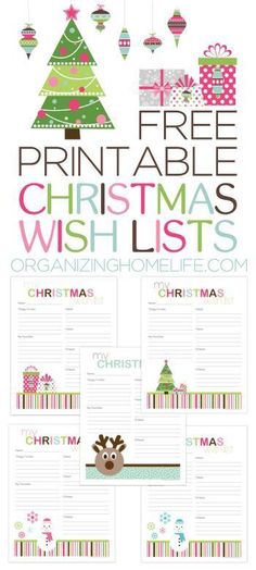 a christmas wish list is shown with the words, free printables and ornaments