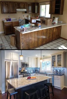 two pictures show the same kitchen in different stages of being remodeled and remodeled