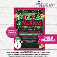 pizza and pajamas christmas party flyer