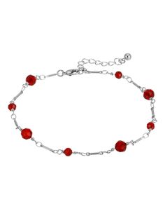 Unexpected shimmer emanates from this pretty red crystal bead ankle bracelet created by 1928 Jewelry in silver tone mixed metal. Small Beaded Bracelets Red, Red Jewelry With Silver Beads, Red Beaded Bracelet With Adjustable Length, Elegant Red Anklets For Gift, Adjustable Red Anklets For Party, Adjustable Red Anklets For Festivals, Red Adjustable Sterling Silver Beaded Bracelets, Adjustable Red Anklet Bracelet, Red Bead Bracelet