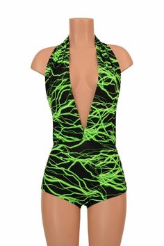 UV Glow Green Lightning "Josie" Romper Backless Plunging Festival Rave Onsie Playsuit - 155658 Fitted Green Bodysuit For Night Out, Black And Green Rave Outfit, Green Bodysuit Costume, Green Club Bodysuit, Green Rave Bodysuit For Party, Fitted Green Bodysuit For Rave, Green Nylon Party Bodysuit, Fitted Sleeveless Green Leotard, Green Stretch Rave Bodysuit