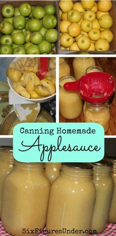 there are many different types of apples in jars and on the table, with text overlay that says canning homemade apple sauce