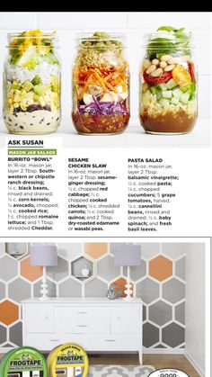 three jars filled with food sitting on top of a counter