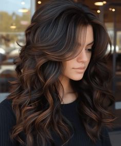 Top 51 Fall Hair Colors for Dark Hair: Bold & Beautiful Ideas Dark Brown With Black Hair, Fall Color For Dark Brown Hair, Fall Winter Brown Hair, Chocolate Brown And Black Hair, Dramatic Brunette Hair Color, Dark Brunette Hair Ideas Colour, Black Hair With Chunky Brown Highlights, Dark Hairstyles Long, Chestnut Brown Balayage On Black Hair