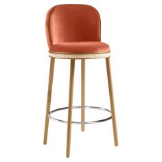 an orange velvet bar stool with gold trimmings and a round back rest on a white background