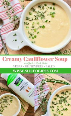 creamy cauliflower soup in a white bowl with fresh herbs