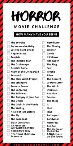 the horror movie challenge checklist is shown in red and black with text on it