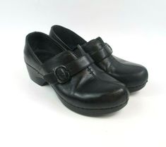 Dansko Tamara Black Clog Shoes Leather Women Burnished full grain leather, water resistant. Buckle clogs allow you to adjust for fit. Pillow soft footbeds and rocker bottom soles. Brand: Dansko Style: Clog Color: Black Size: 37 Model No.: 4800020200 Shoe Width: M Upper Material: Leather Type: Casual Department: Women Heel Height: Low (1-1.9 in) Inches Condition Notes: Pre-Owned. Has wear on toes of uppers and scuffing on treads. Please review all photos before making a purchase! Fast shipping in Formal Closed Toe Clogs With Buckle Closure, Formal Round Toe Clogs With Buckle Closure, Rubber Sole Clogs With Round Toe, Shoes Leather Women, Women Heel, Black Clogs, Clog Shoes, Leather Shoes Woman, Shoes Leather