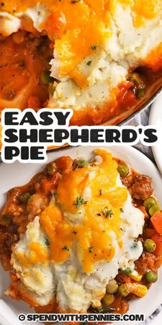 an easy shepherd's pie with peas and mashed potatoes in a white dish