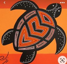 a painting of a turtle on an orange striped background