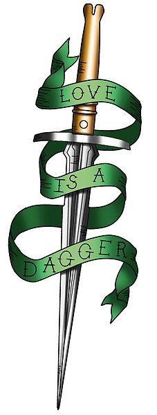 a dagger and ribbon with the words love is a dagger written on it in green