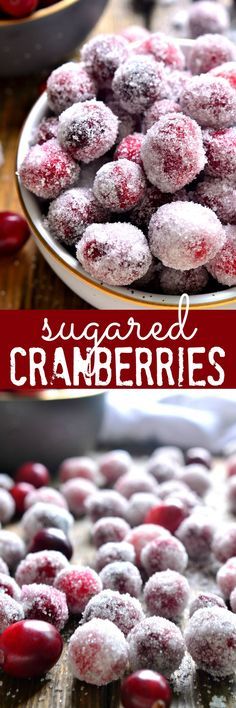 cranberries are covered in powdered sugar and placed on a plate next to a bowl of cherries