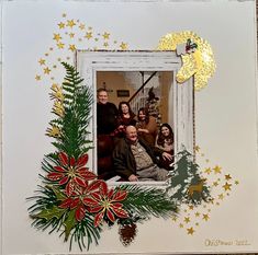 the family is posing for a photo in their christmas card with pine cones and holly