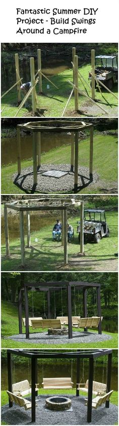 four different views of the same bench and table in front of a pond, with text overlay reading fantastic summer diy projects build your own benches