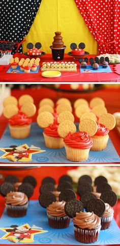 mickey mouse cupcakes and other treats are on display