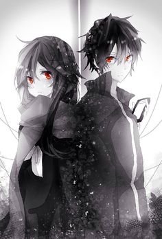 two anime characters standing next to each other with red eyes and long black hair on their backs