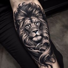 a man with a lion tattoo on his arm and leg is shown in black and grey