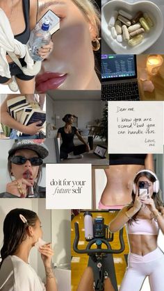 a collage of photos with various pictures and words on them, including an image of a woman's torso