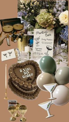 a collage of various items including cake, champagne glasses and other decorative items are arranged on a table