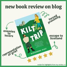 a book cover with the words kilt trip written in green and surrounded by stars