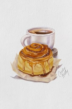 Watercolor cinnamon bun sits in front of coffee Cinnamon Bun Coffee, Journey Photos, Desserts Drawing, Food Sketch, Coffee Drawing, Food Illustration Art, Watercolor Food, Cinnamon Recipes