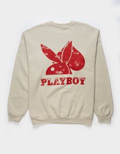 Playboy Spades Crewneck Sweatshirt. Distressed Graphic Screened Across Center Chest And Back. Ribbed Crew Neckline. Cuffed Long Sleeves And Hem. Fleece Lining. Relaxed Fit. 50% Cotton, 50% Polyester. Machine Wash. Imported. Sporty Distressed White Tops, White Casual Sweatshirt With Back Print, Casual Cotton Sweatshirt With Back Print, Sporty Distressed Tops For Spring, Distressed Red Tops For Streetwear, White Distressed Sweatshirt, White Distressed Long Sleeve Sweatshirt, Red Distressed Top For Streetwear, White Distressed Casual Sweatshirt