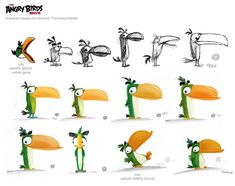 an image of cartoon birds with different expressions on their faces and body parts in various poses