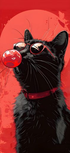 a black cat wearing red sunglasses and holding a frisbee in it's mouth