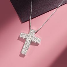 Ross-Simons - 1.00ct t. w. Diamond Cross Pendant Necklace in Silver. 20". A modern take on a classic symbol of faith. This streamlined cross pendant necklace shines with 1.00 ct. t. w. round brilliant-cut diamonds in sterling silver. Suspends from a sterling silver box chain. Springring clasp, diamond cross pendant necklace. Diamond birthstones are the perfect gift for April birthdays. Sterling Silver Diamond Cut Cross Pendant Necklace, Luxury Sterling Silver Diamond Cross Pendant Necklace, Silver Diamond-cut Cross Necklace For Anniversary, Silver Brilliant Cut Cross Pendant Jewelry, Formal Cross-shaped Sterling Silver Diamond Necklace, Pendant Necklace Diamond, April Birthday, Diamond Birthstone, Necklace Diamond