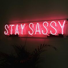 a neon sign that says stay sassy on the side of a wall next to a potted plant