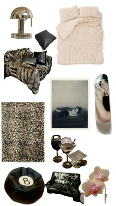 a collage of items including a bed, lamp, and other things in black and white