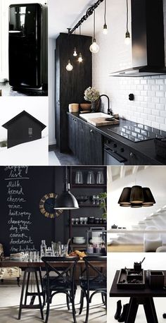 black and white kitchen with lots of lights