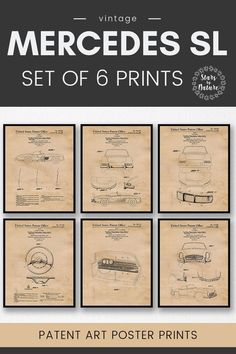 vintage mercedes sl set of 6 prints with the original blueprints and instructions to make it